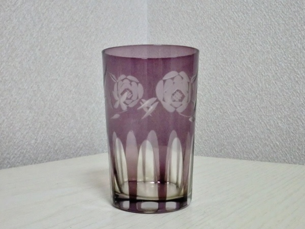 薄紫被せ切子グラス/コップ　検：薔薇・蝶カット