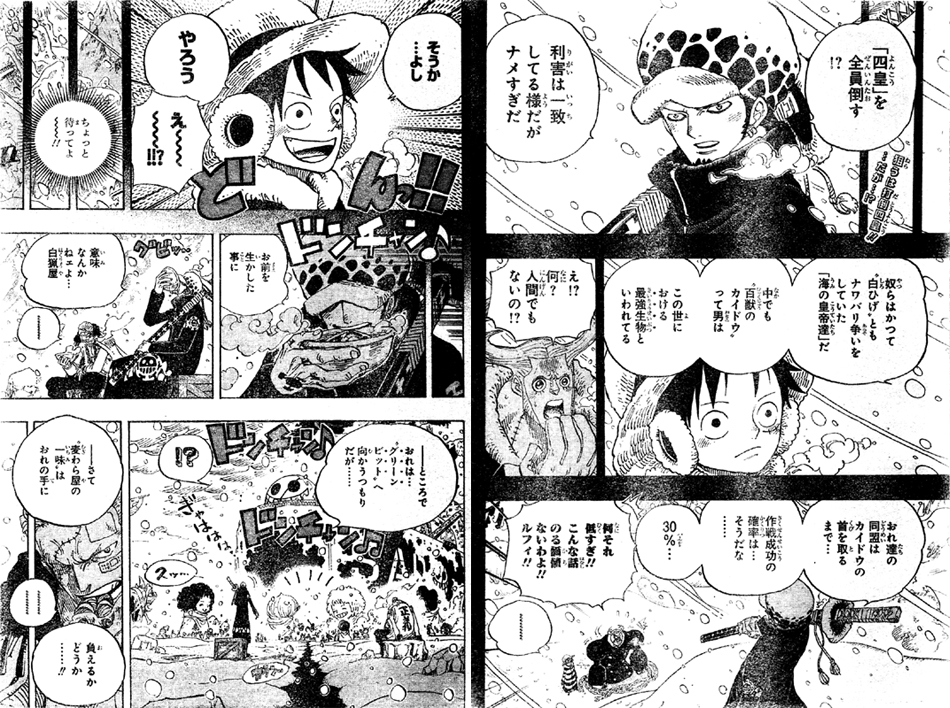 四皇百獣のカイドウはこの世における最強生物、ロー&ルフィ同盟がカイドウの首を取れる確率は30%、ローが向かうグリーンビットとは